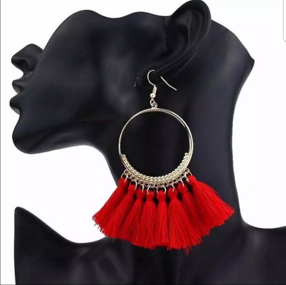 Red Bohemian/Aztec Hoop Tassell Earrings - Picture 3 of 6